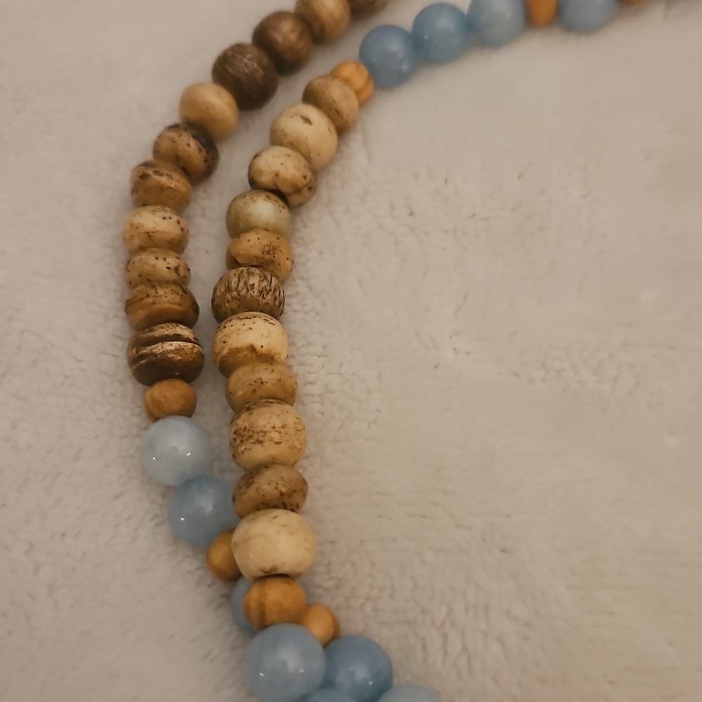 HANDMADE Jasper and Blue Quartz Beaded Shell Olive Wood Cross Prayer Rope - Picture 7 of 12